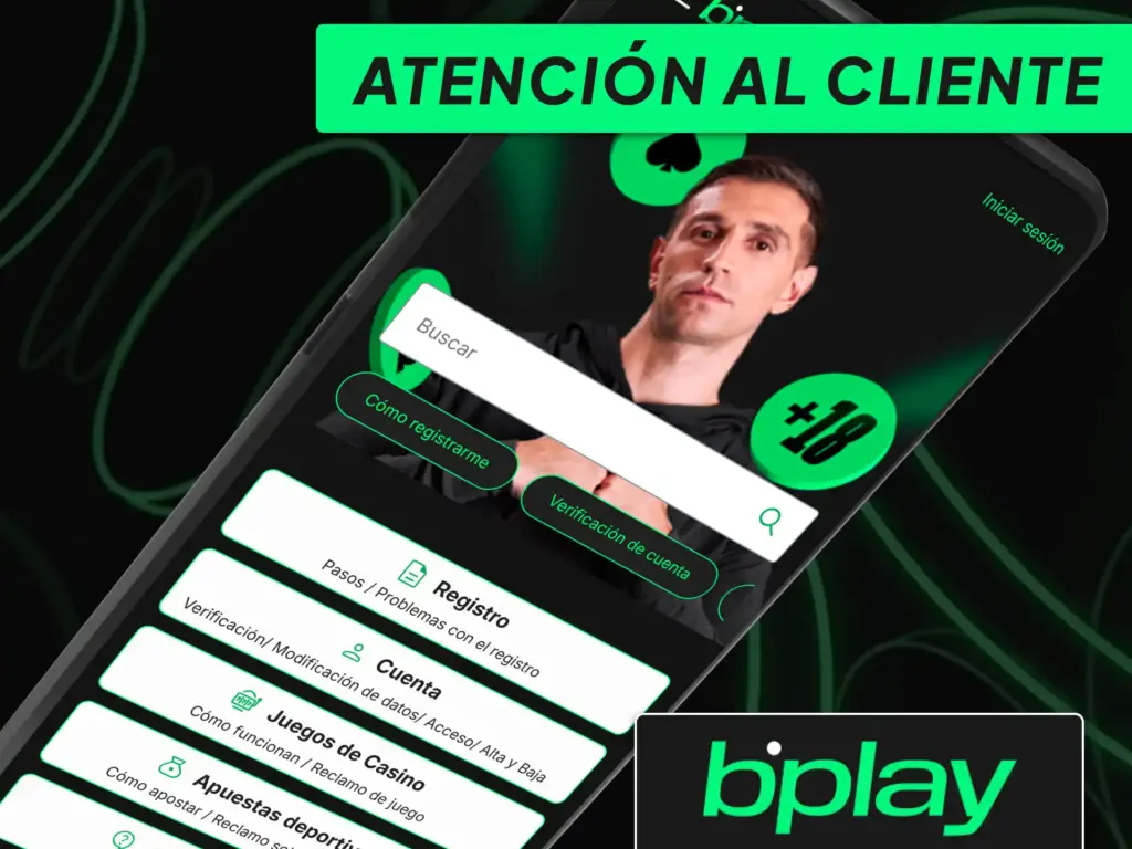 Canales de soporte técnico y chat en vivo dentro de la app móvil de bplay para asistencia al usuario.