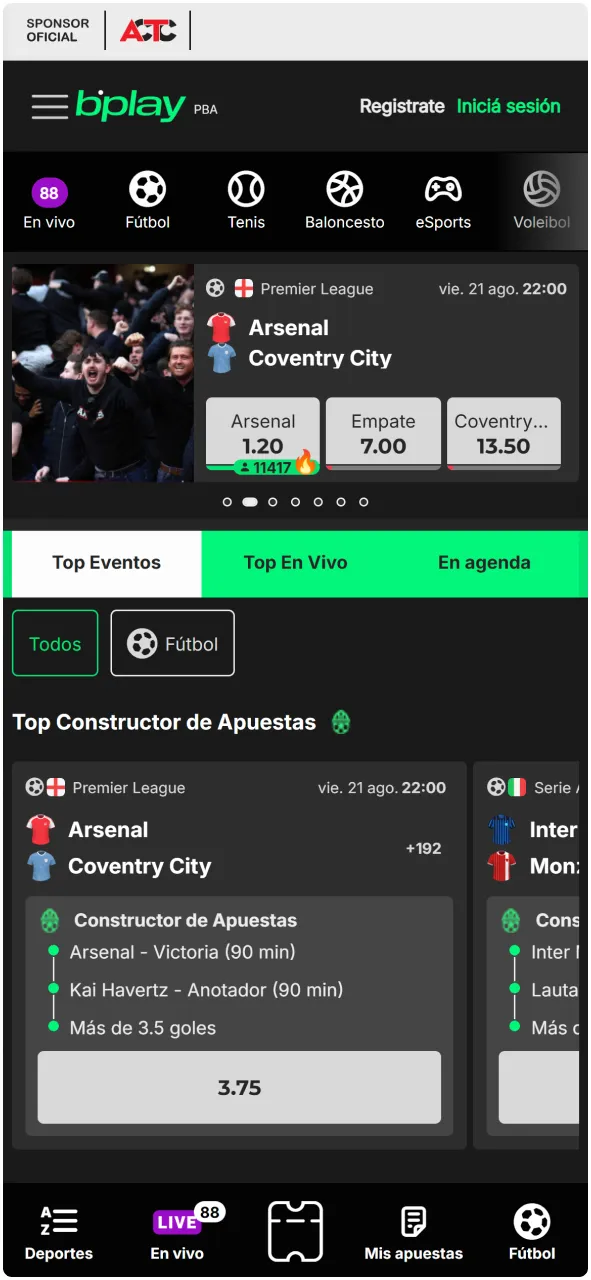 Sección de apuestas deportivas en la aplicación bplay mostrando partidos de la Liga Profesional de Fútbol y cuotas.
