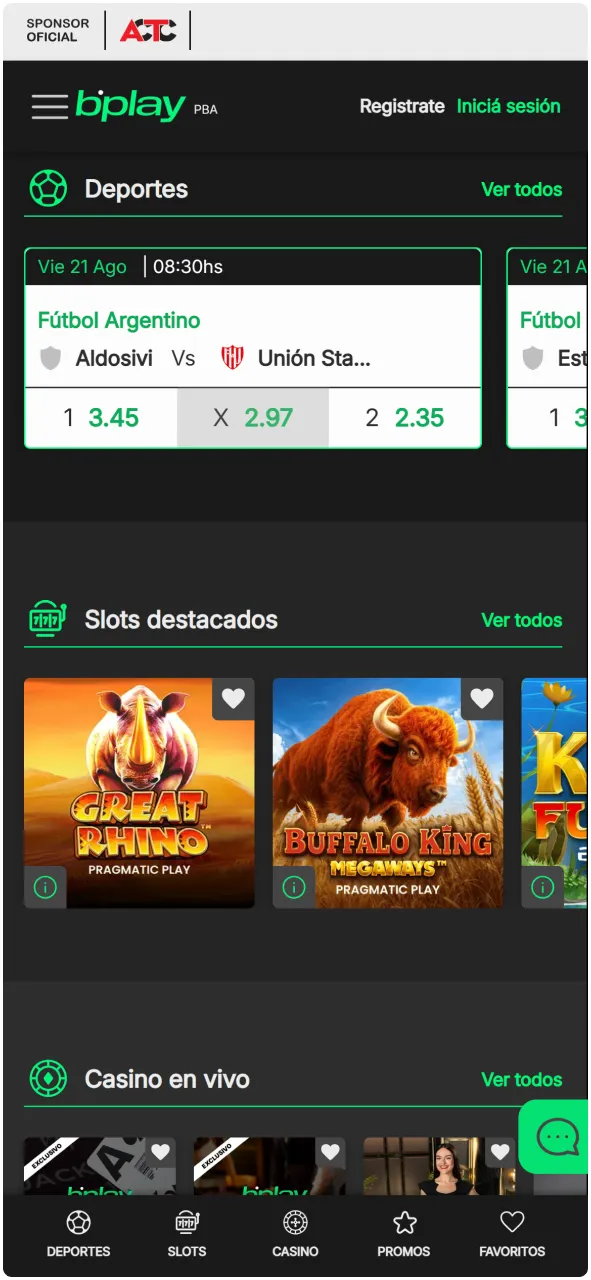 Pantalla principal de la aplicación móvil bplay Argentina con menú de navegación y eventos destacados.