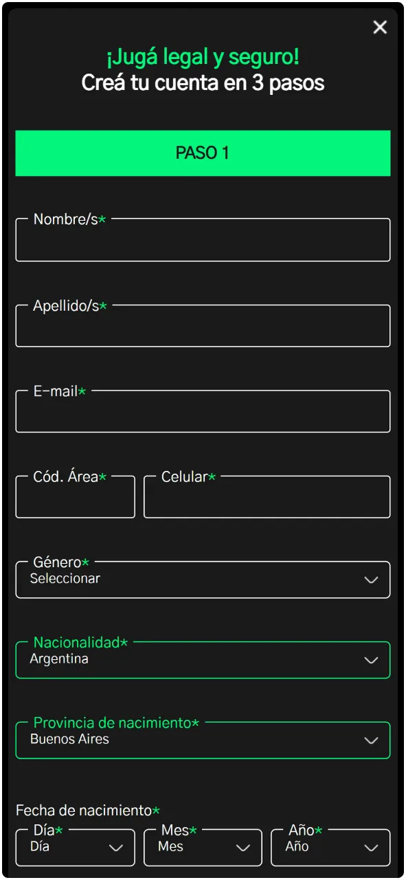 Formulario de registro en la aplicación móvil bplay Argentina para crear una nueva cuenta de usuario.