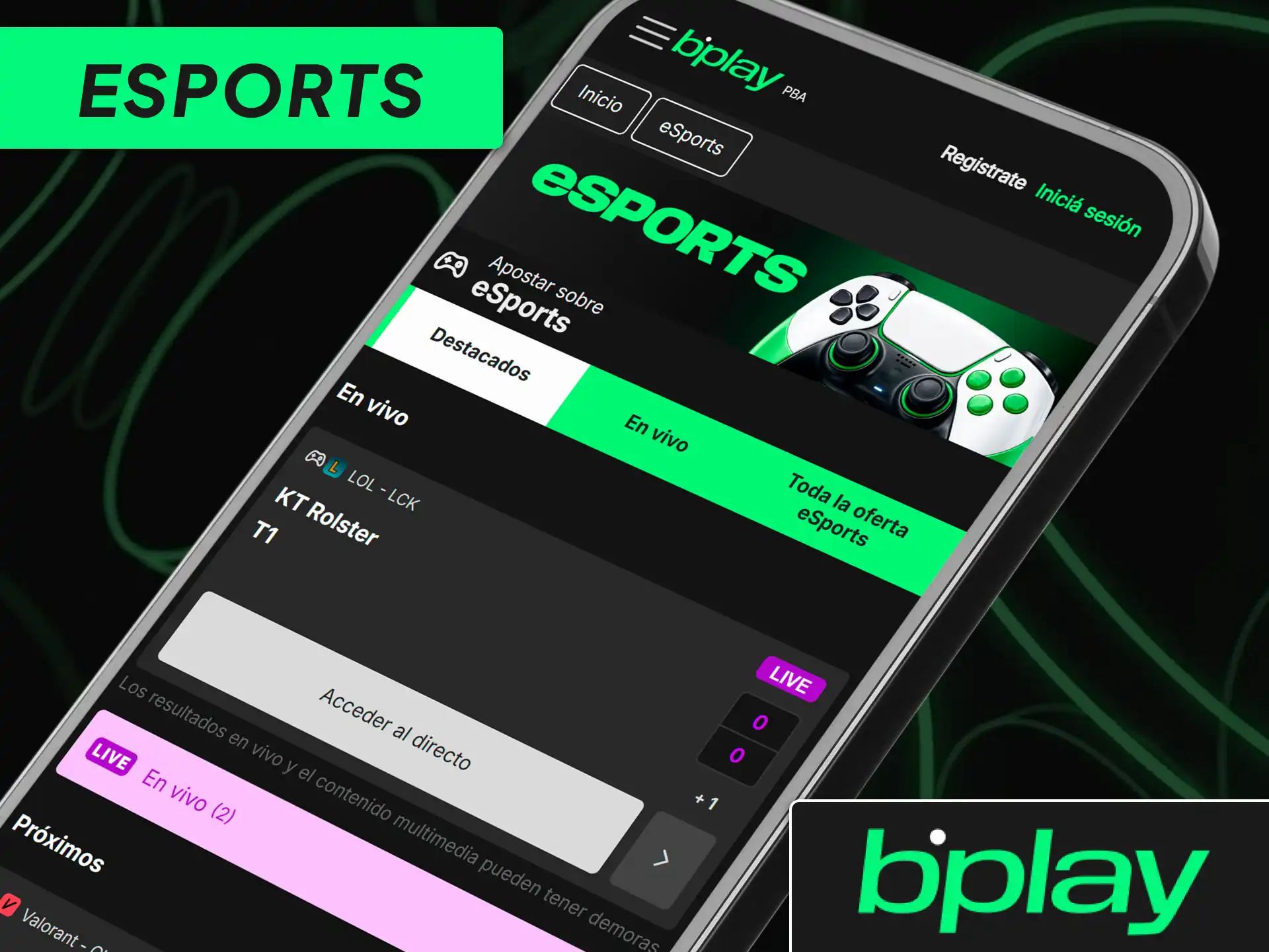 Sección de apuestas en esports dentro de bplay para competencias de League of Legends y Counter-Strike.