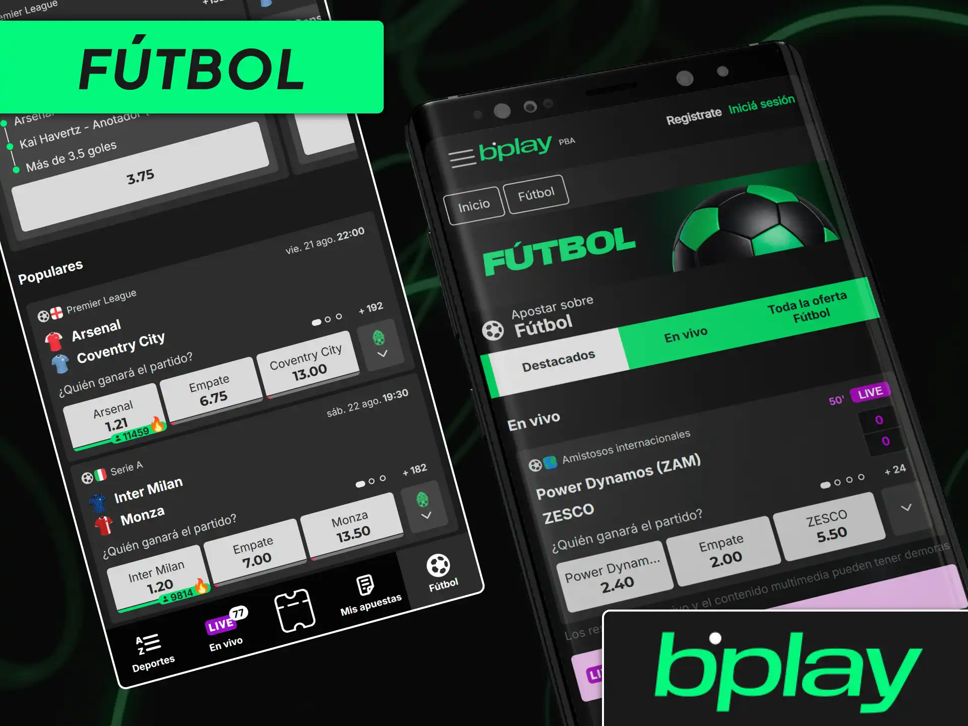 Mercado de apuestas de fútbol en la app de bplay con cuotas para la Liga Profesional y torneos internacionales.