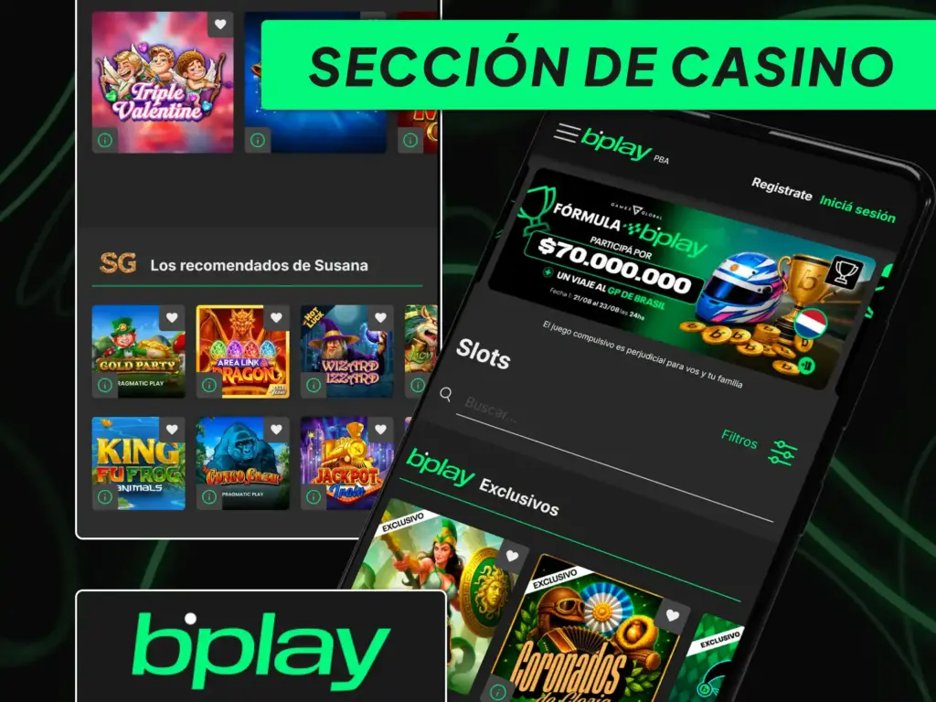Vista principal del catálogo de juegos de casino, tragamonedas y mesas en vivo en la app móvil de bplay Argentina.