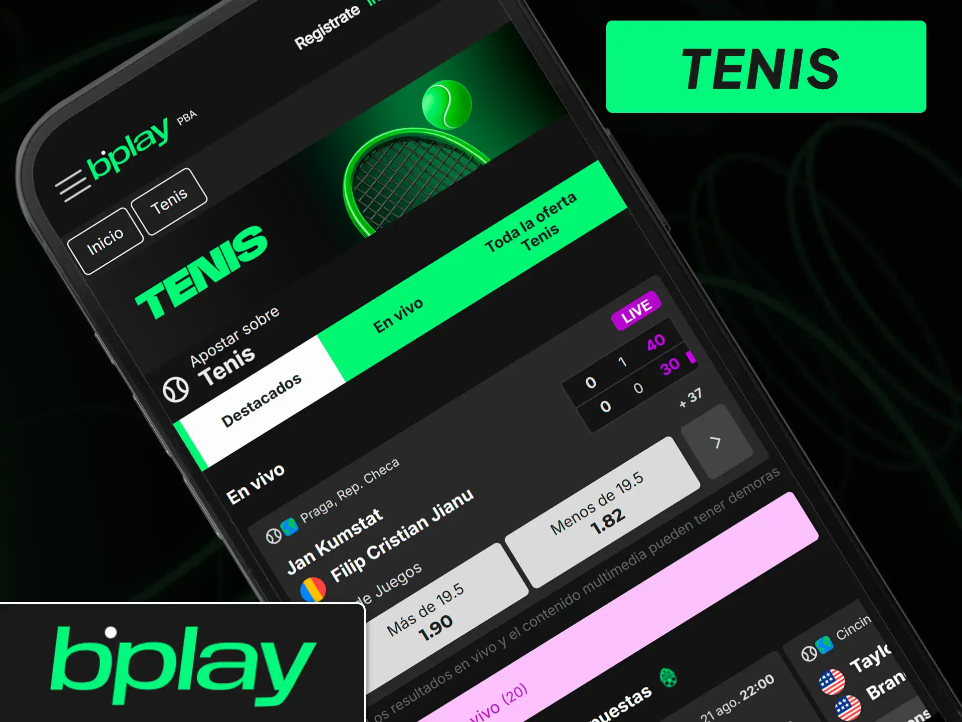 Apuestas en vivo para partidos de tenis en torneos ATP y WTA desde la app de bplay.
