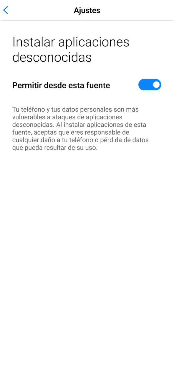 Menú de ajustes de Android para autorizar la instalación de aplicaciones externas.