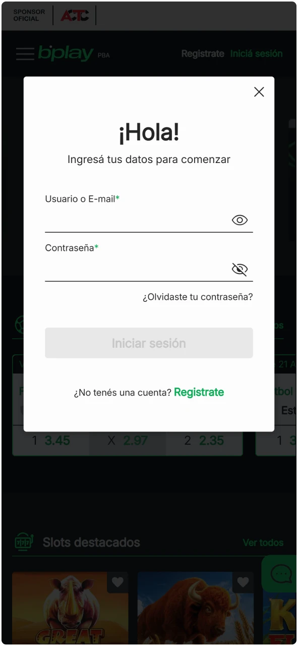 Pantalla de acceso en la app de bplay para iniciar sesión o registrar una cuenta nueva.