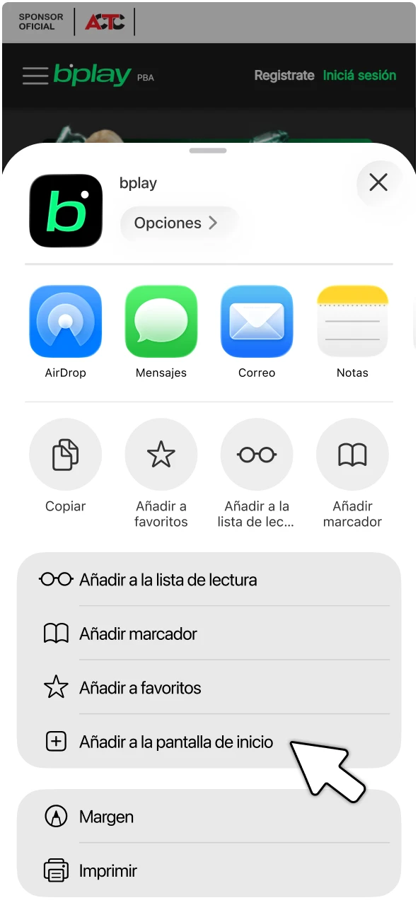 Menú de opciones desplegable en iOS con la función para añadir acceso directo a la pantalla principal.
