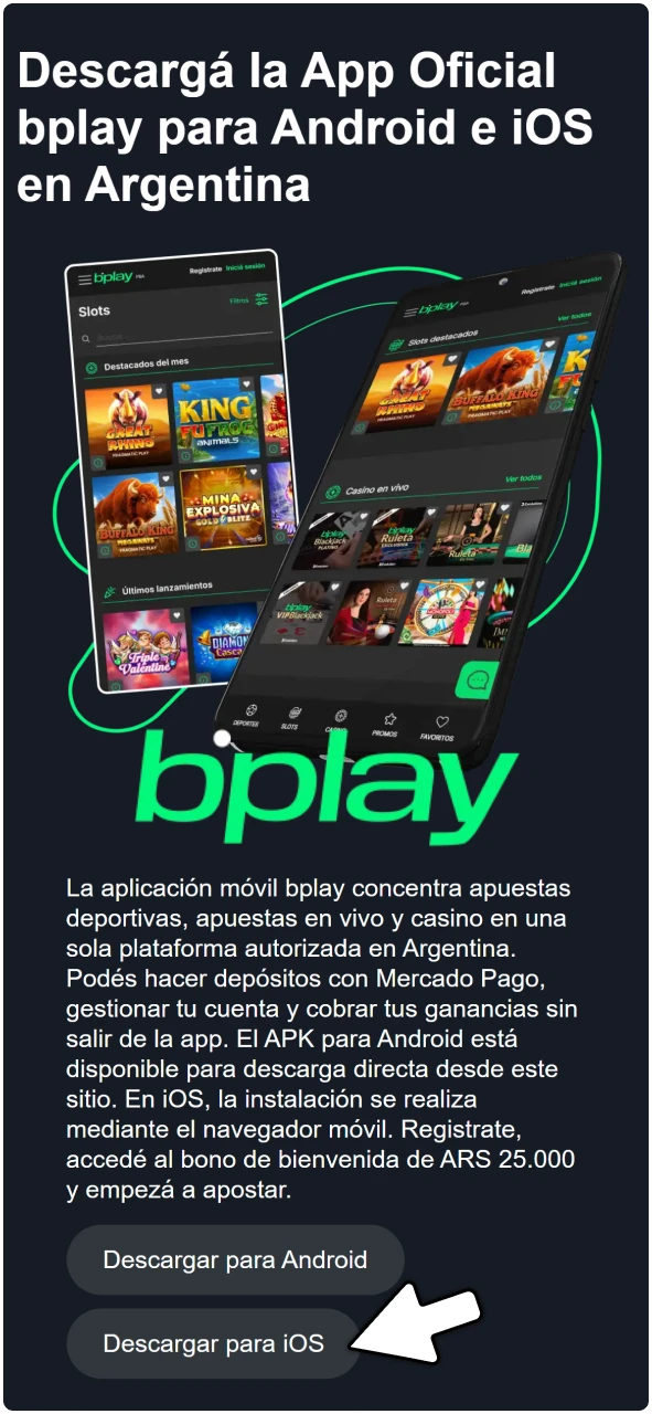 Navegador Safari en iPhone con el sitio web de bplay cargado para iniciar la instalación.
