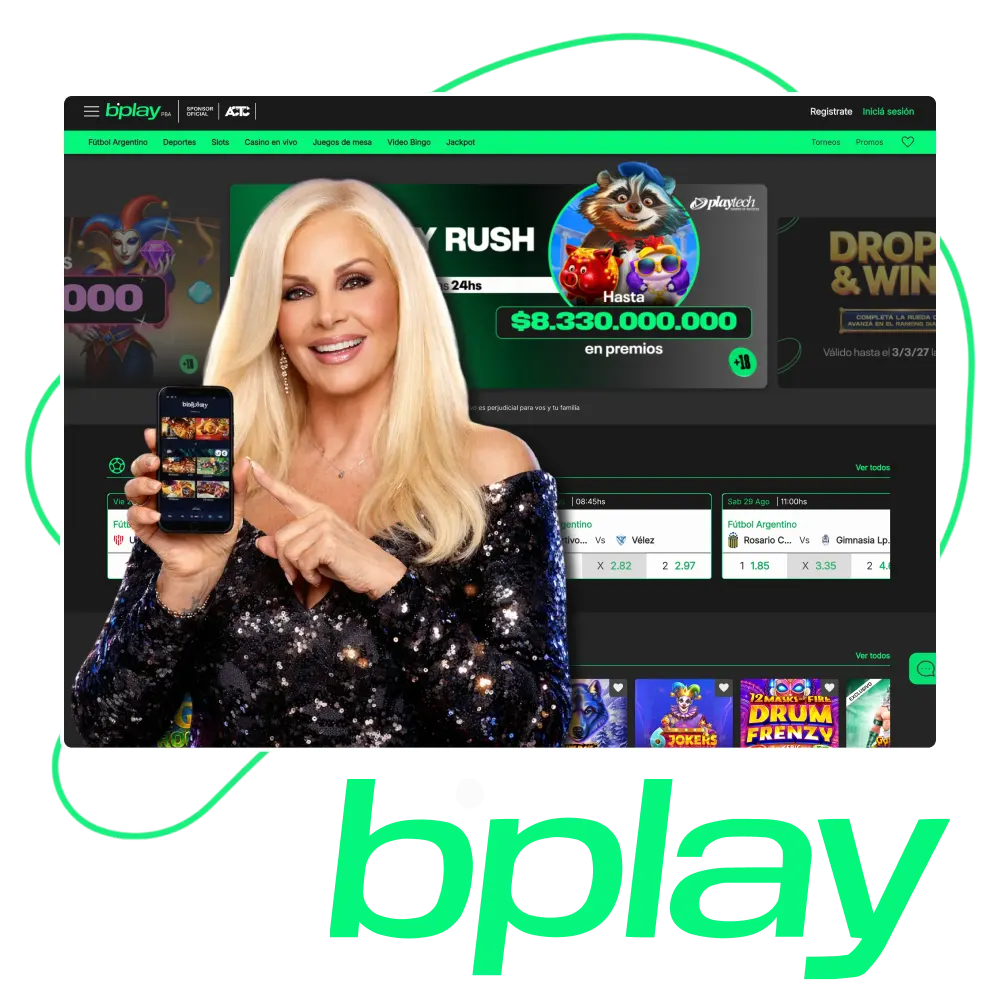 Página de inicio de bplay Argentina con acceso a apuestas deportivas en vivo y juegos de casino online.