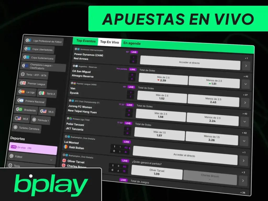 Sección de apuestas en vivo de bplay Argentina con estadísticas en tiempo real y cuotas dinámicas.