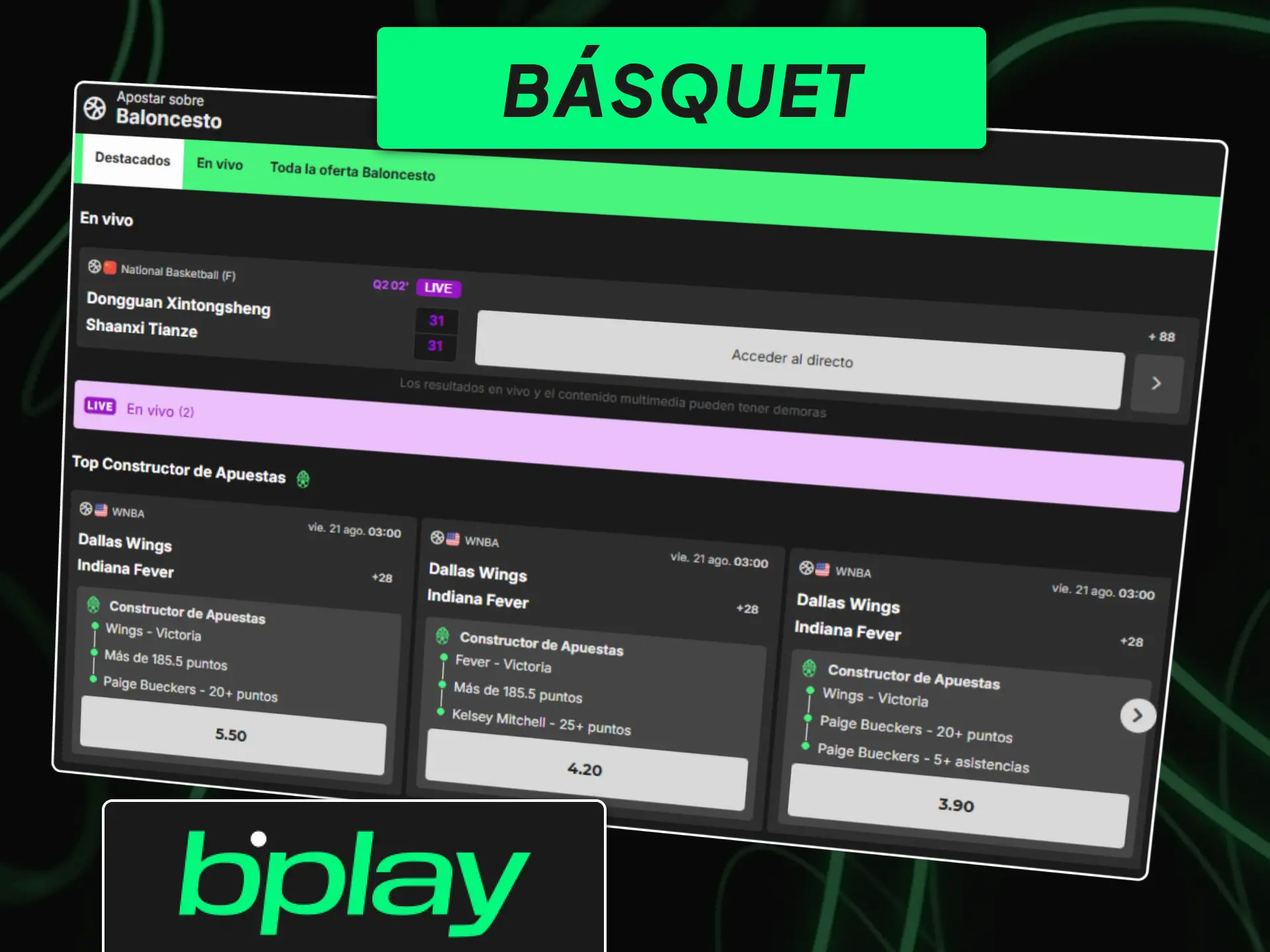 Mercado de apuestas de básquetbol en bplay mostrando partidos de la NBA y la Liga Nacional.