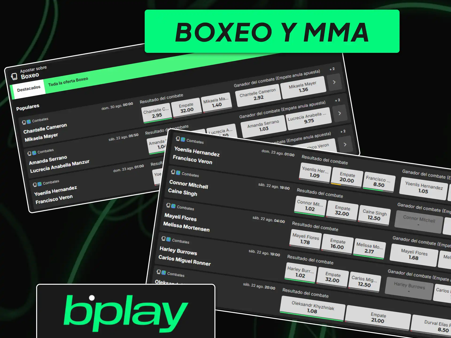 Cartelera de apuestas para combates de boxeo profesional y artes marciales mixtas en bplay.