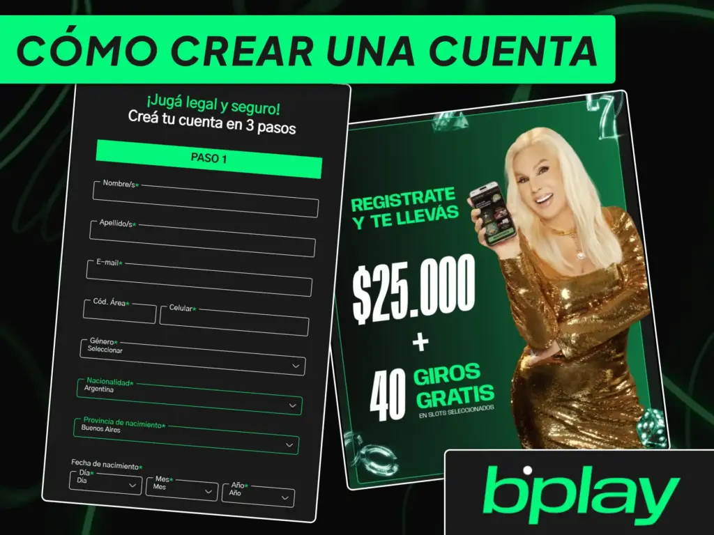 Formulario de registro en línea para crear y verificar una nueva cuenta de usuario en bplay Argentina.
