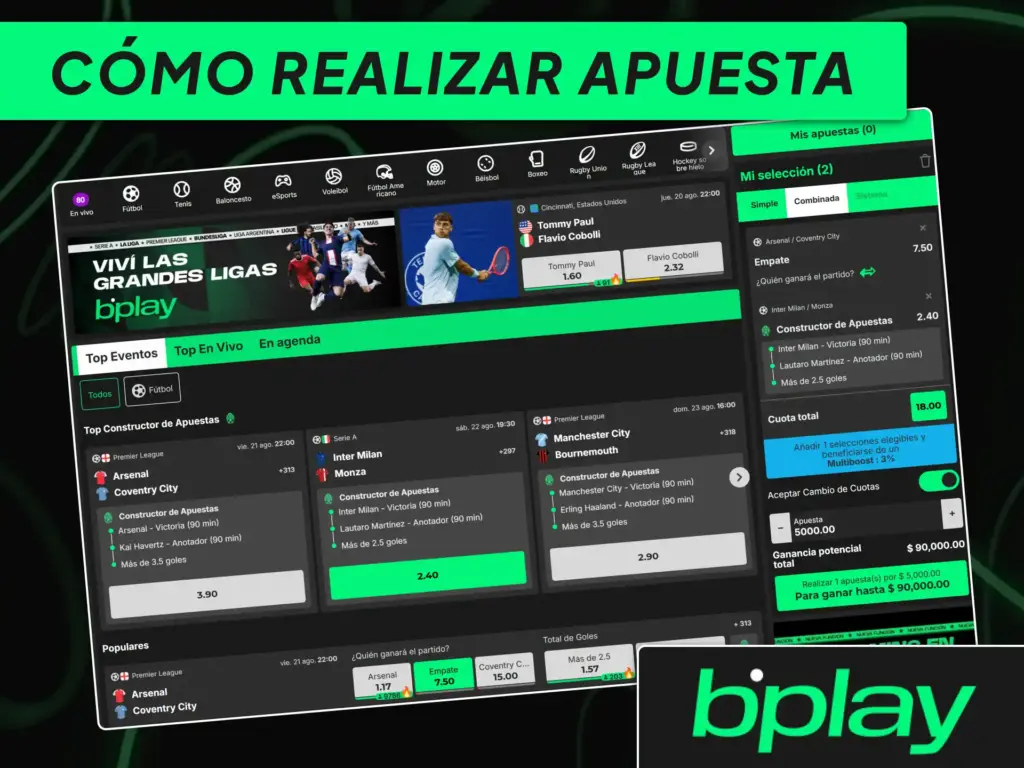 Guía paso a paso para seleccionar un evento deportivo y confirmar la primera cupón de apuesta en bplay Argentina.