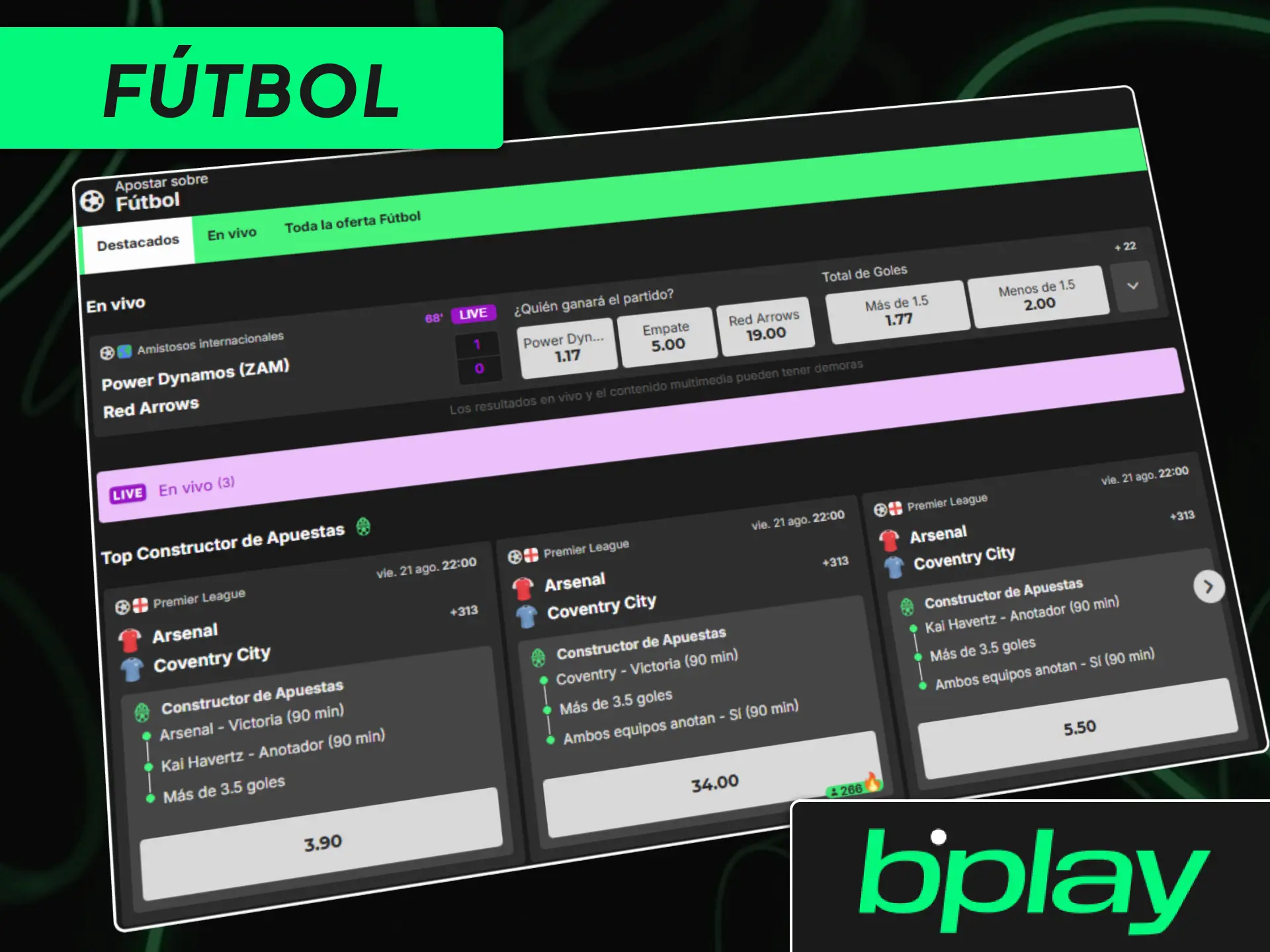 Sección de apuestas de fútbol en bplay Argentina con partidos de la Liga Profesional y torneos internacionales.