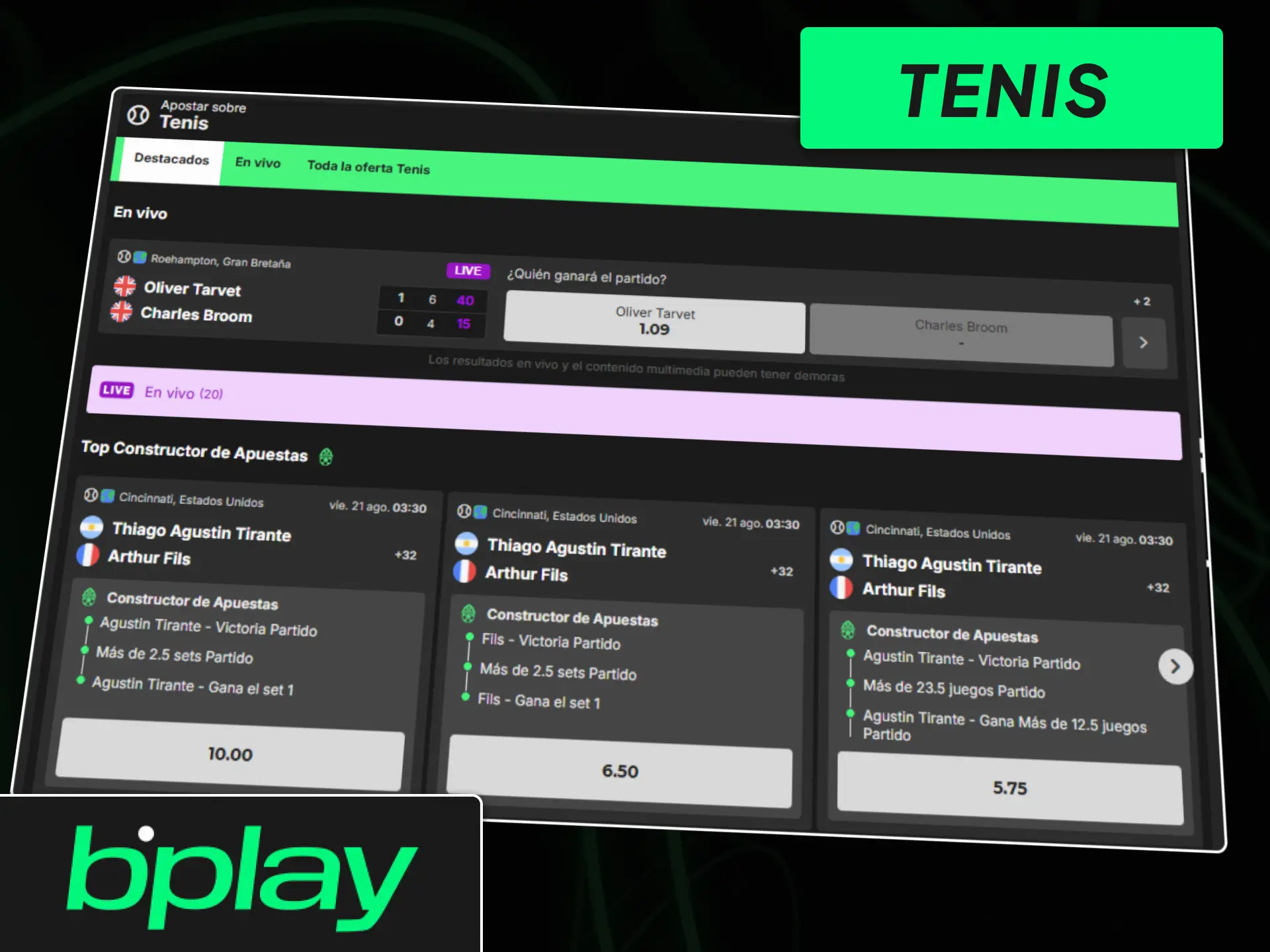 Opciones de apuestas en tenis en vivo para torneos de la ATP y WTA en bplay.